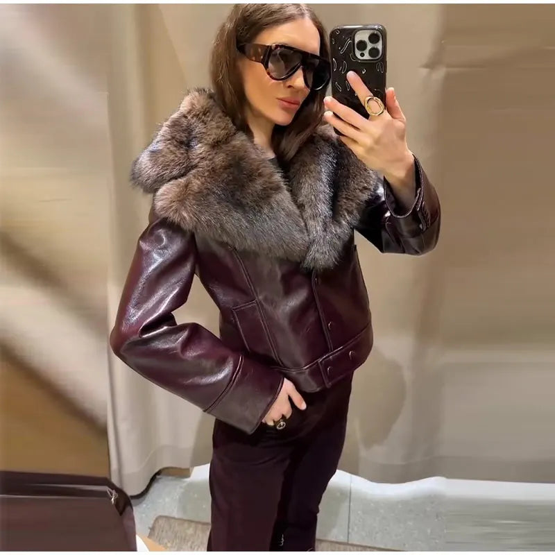 Vintage Plush PU Leather Jacket Women Casual Loose Lapel Single Breasted Jackets Coat Female 2025 Winter Chic Street Outwear