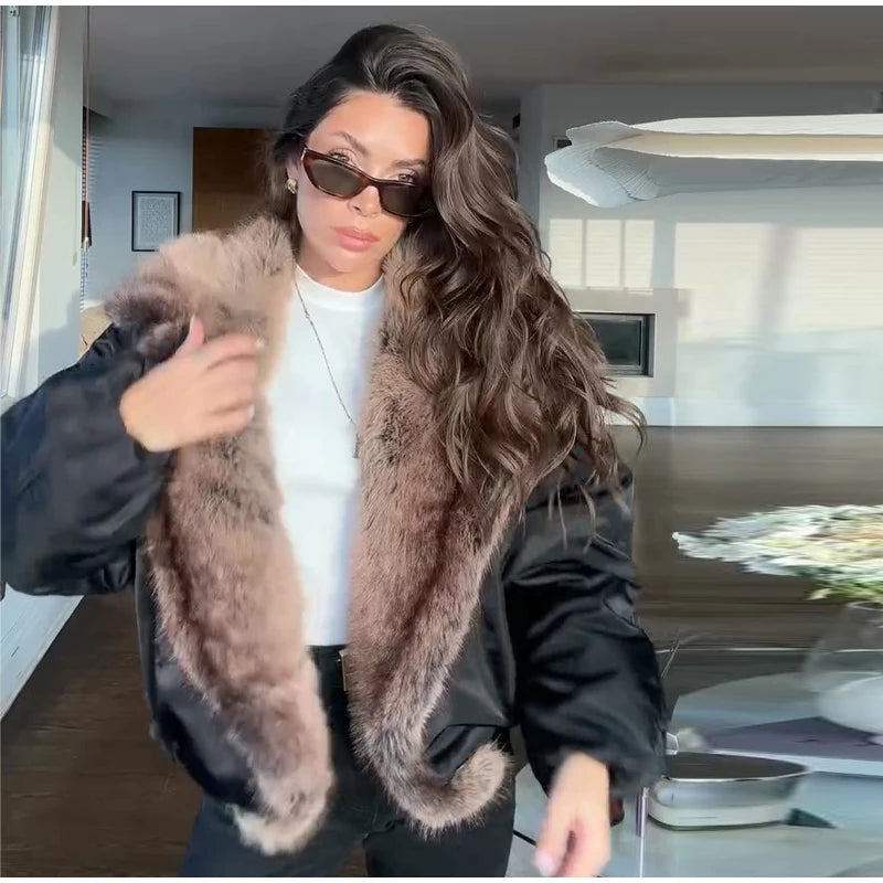 Fashion PU Leather Short Jacket Women Fur Collar Contrast Double-breasted Warm Coat Female 2025 Autumn Winter New Outwears