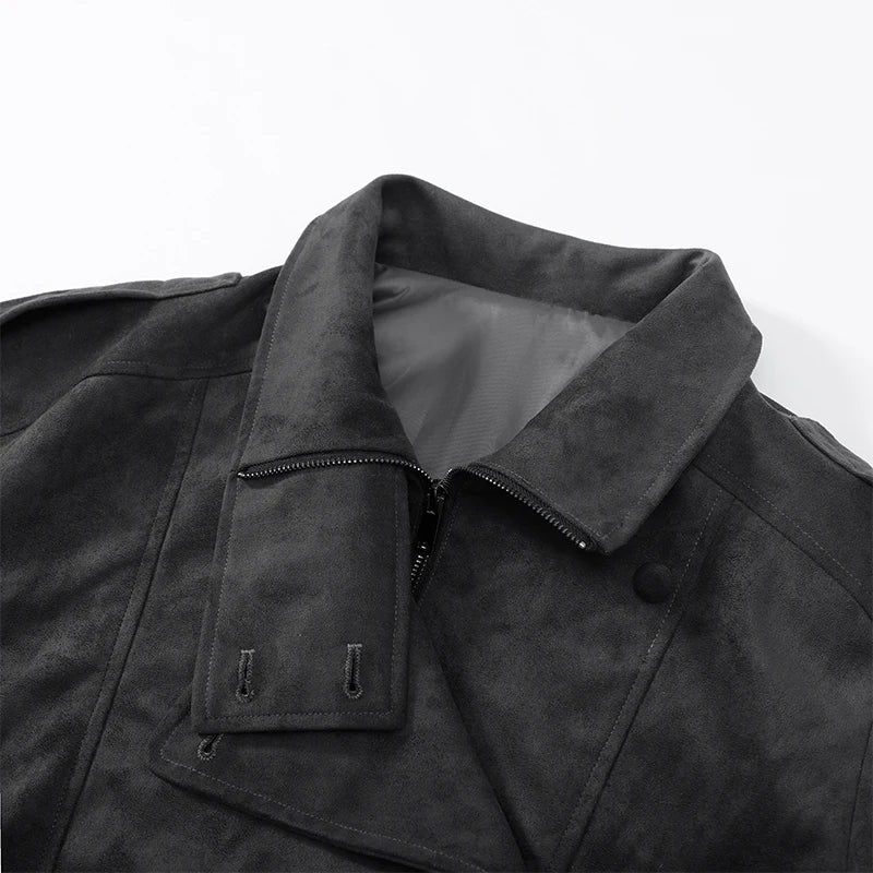 Fashion Dark Grey Suede Bomber Jacket Women Stand Collar Oversize Asymmetric Street Coat 2026 Spring All Match Streetwear New