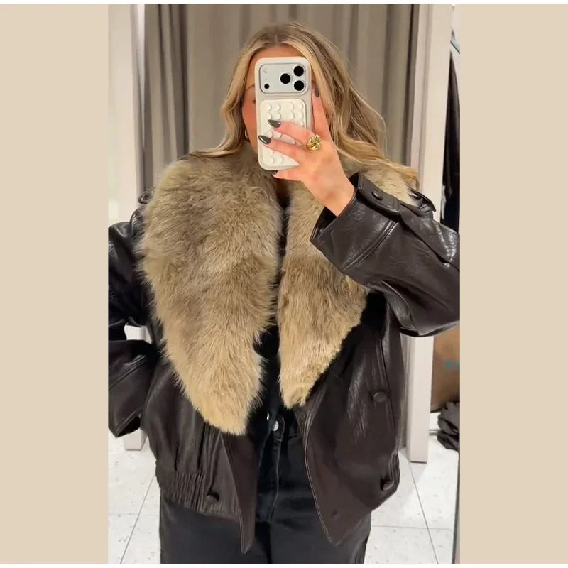 Fashion PU Leather Short Jacket Women Fur Collar Contrast Double-breasted Warm Coat Female 2025 Autumn Winter New Outwears