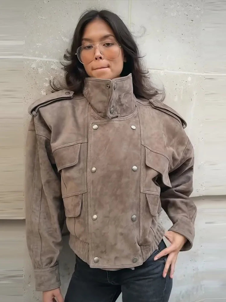 Suede Safari Style Short Bomber Jackets Women Fashion Stand Collar Epaulet Elastic Hem Button Loose Coats Chic Ladies Outerwears