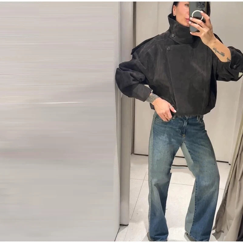 Fashion Dark Grey Suede Bomber Jacket Women Stand Collar Oversize Asymmetric Street Coat 2026 Spring All Match Streetwear New