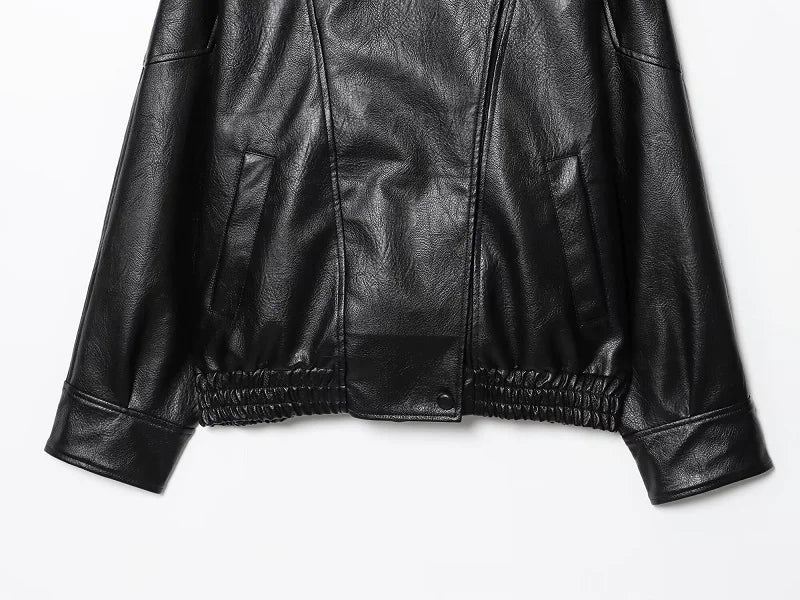 MUJER Black Faux Leather Jackets for Women Outerwears Office Women's Bomber Jacket Snap Button Demi-season Jacket for Women Coat