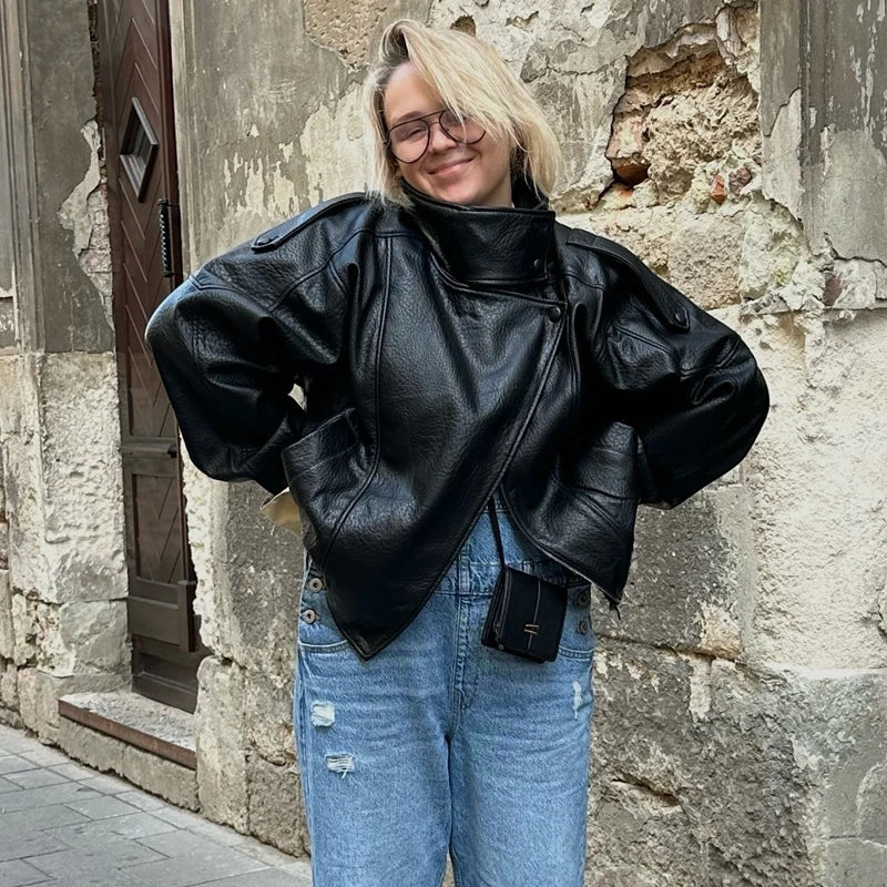 MUJER Black Faux Leather Jackets for Women Outerwears Office Women's Bomber Jacket Snap Button Demi-season Jacket for Women Coat