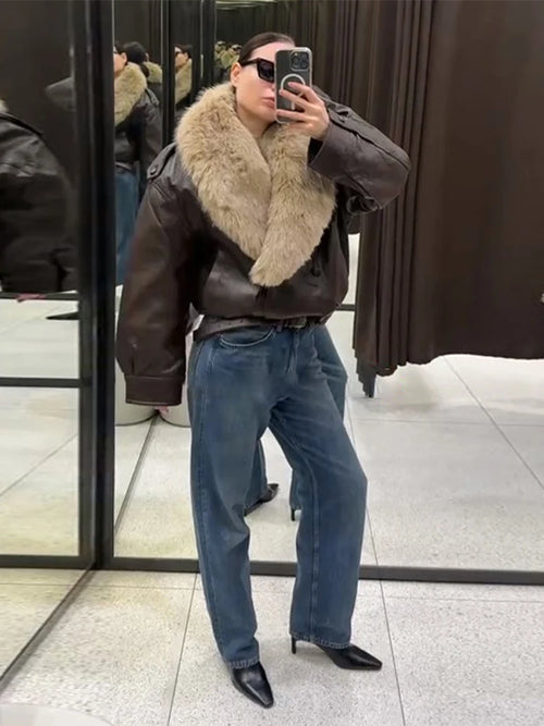 Fashion PU Leather Short Jacket Women Fur Collar Contrast Double-breasted Warm Coat Female 2025 Autumn Winter New Outwears