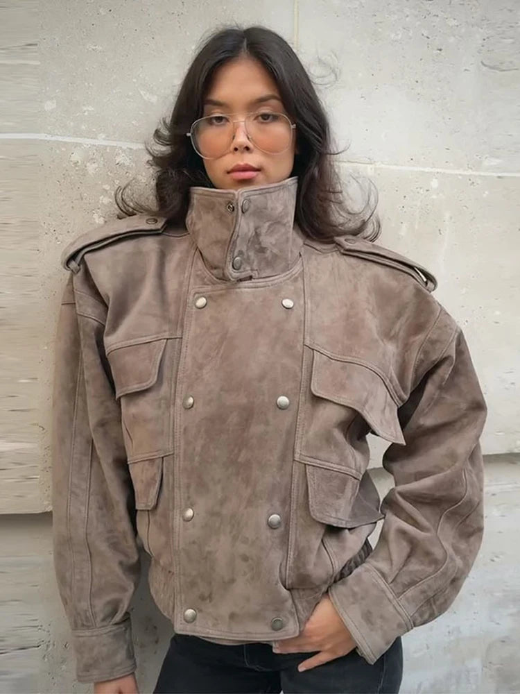 Suede Safari Style Short Bomber Jackets Women Fashion Stand Collar Epaulet Elastic Hem Button Loose Coats Chic Ladies Outerwears