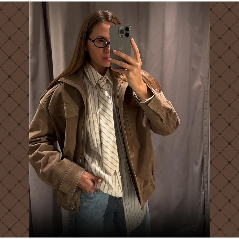 Women Loose Suede Jacket Fashion Long Sleeve Pockets Zipper Oversized Bomber Jacket 2025 Autumn Winter Lady High Street Outwear