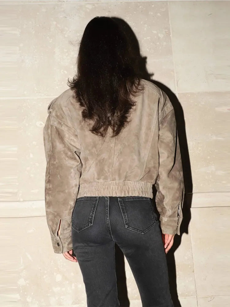 Suede Safari Style Short Bomber Jackets Women Fashion Stand Collar Epaulet Elastic Hem Button Loose Coats Chic Ladies Outerwears