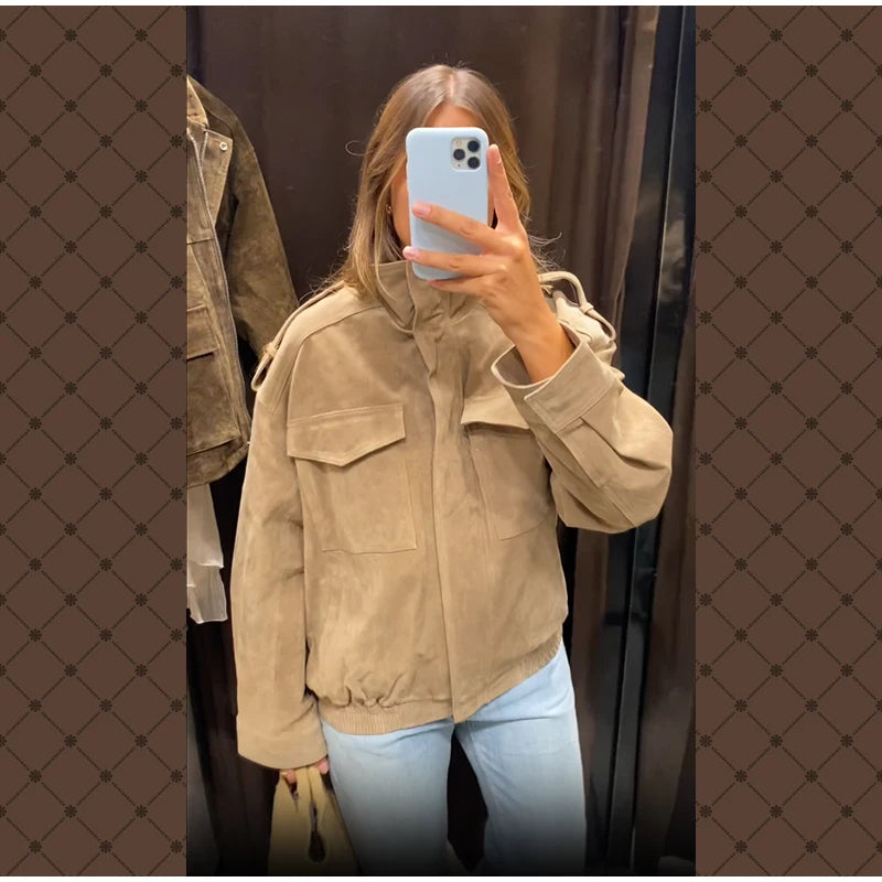 Women Loose Suede Jacket Fashion Long Sleeve Pockets Zipper Oversized Bomber Jacket 2025 Autumn Winter Lady High Street Outwear