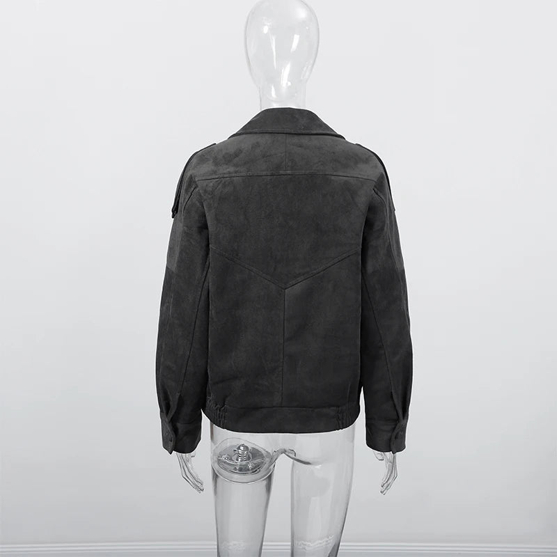 Fashion Dark Grey Suede Bomber Jacket Women Stand Collar Oversize Asymmetric Street Coat 2026 Spring All Match Streetwear New