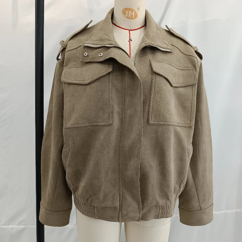 Women Loose Suede Jacket Fashion Long Sleeve Pockets Zipper Oversized Bomber Jacket 2025 Autumn Winter Lady High Street Outwear
