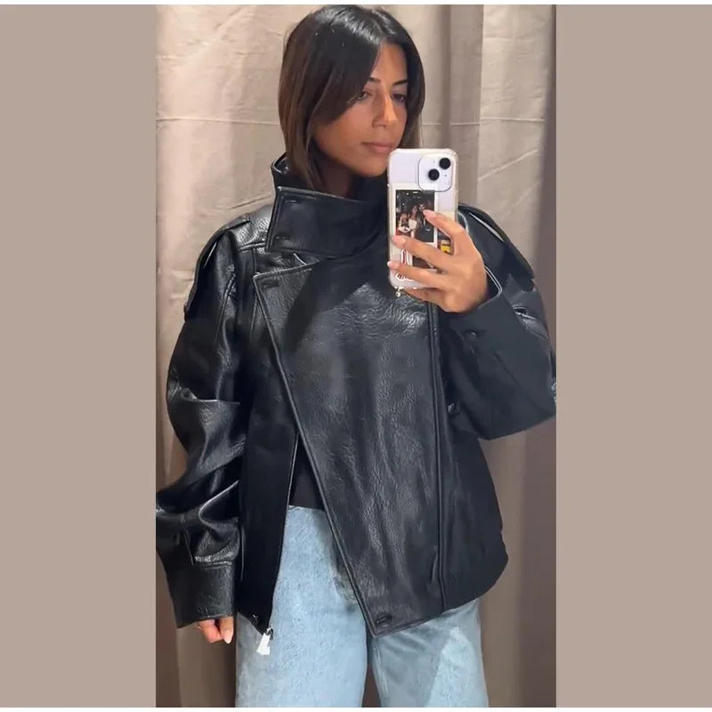Fashion Dark Grey Suede Bomber Jacket Women Stand Collar Oversize Asymmetric Street Coat 2026 Spring All Match Streetwear New