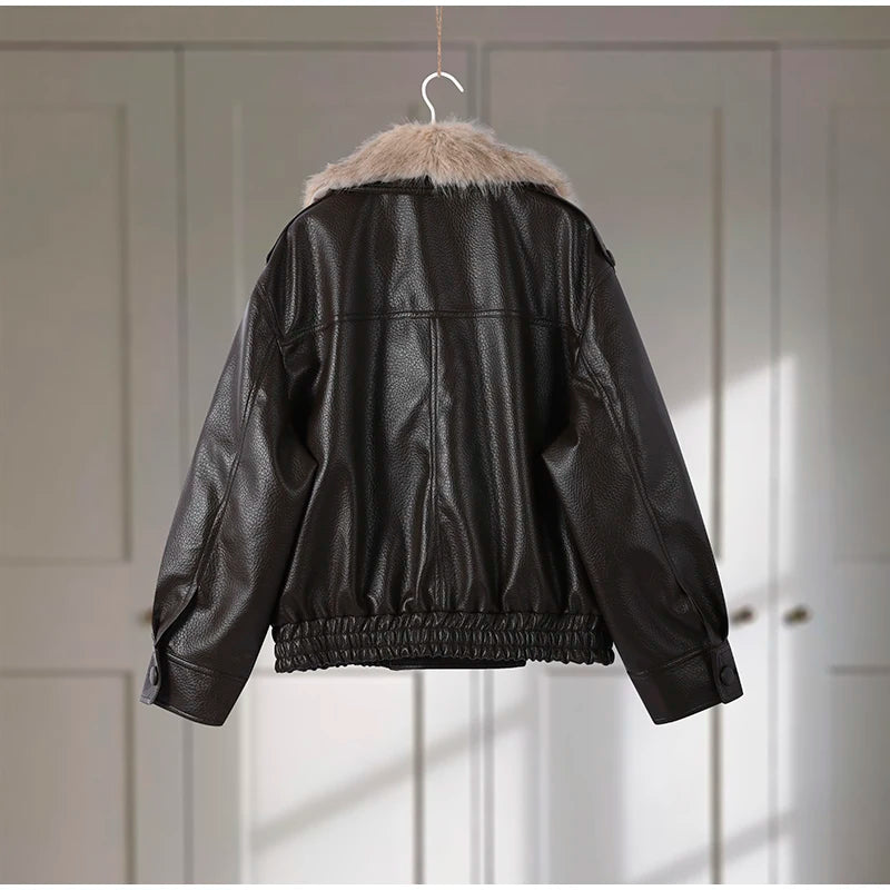 Fashion PU Leather Short Jacket Women Fur Collar Contrast Double-breasted Warm Coat Female 2025 Autumn Winter New Outwears