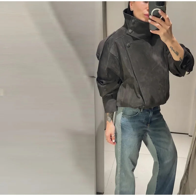 Fashion Dark Grey Suede Bomber Jacket Women Stand Collar Oversize Asymmetric Street Coat 2026 Spring All Match Streetwear New