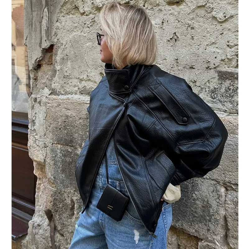 MUJER Black Faux Leather Jackets for Women Outerwears Office Women's Bomber Jacket Snap Button Demi-season Jacket for Women Coat