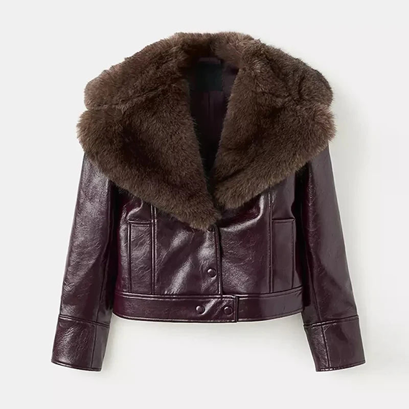 Fashion PU Leather Short Jacket Women Fur Collar Contrast Double-breasted Warm Coat Female 2025 Autumn Winter New Outwears