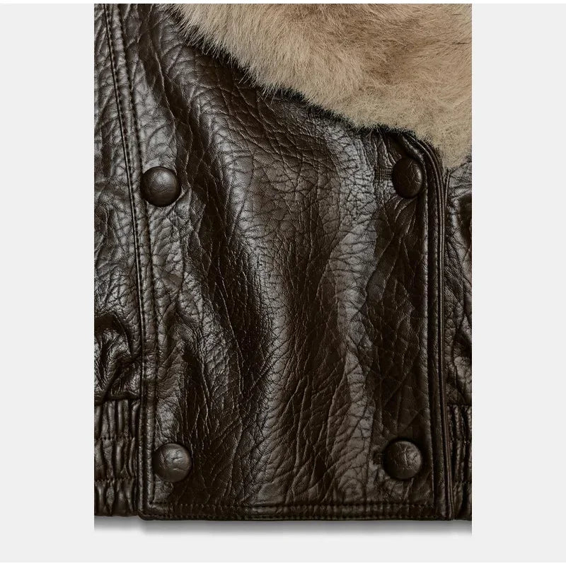 Fashion PU Leather Short Jacket Women Fur Collar Contrast Double-breasted Warm Coat Female 2025 Autumn Winter New Outwears