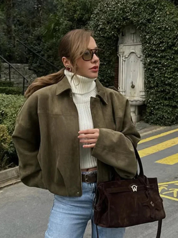 Women Loose Suede Jacket Fashion Long Sleeve Pockets Zipper Oversized Bomber Jacket 2025 Autumn Winter Lady High Street Outwear