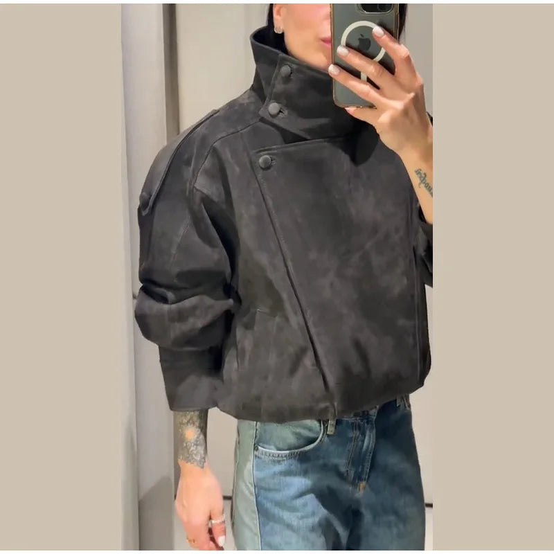 Fashion Dark Grey Suede Bomber Jacket Women Stand Collar Oversize Asymmetric Street Coat 2026 Spring All Match Streetwear New