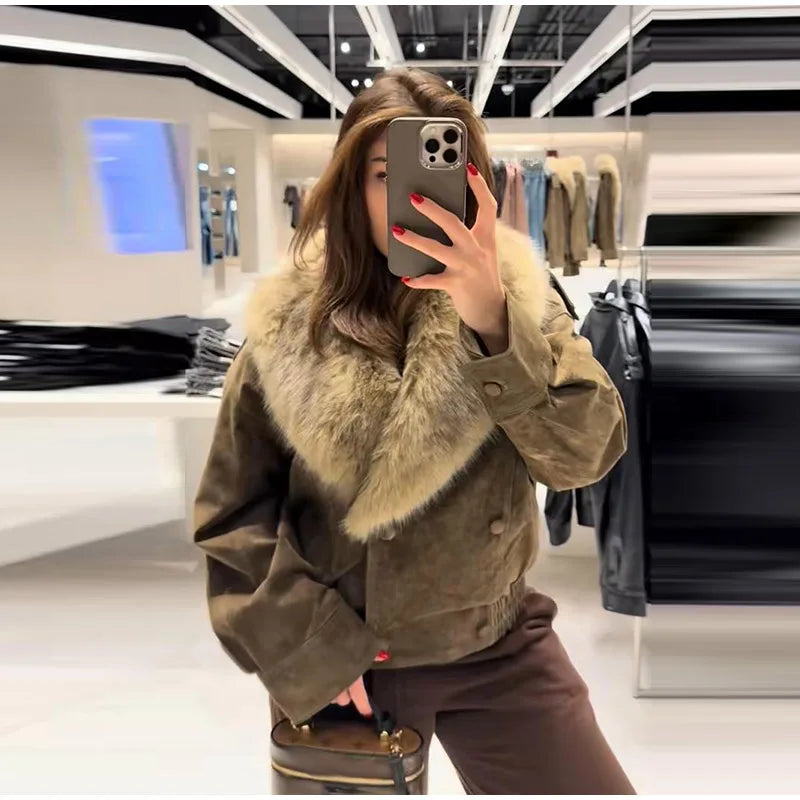 Fashion PU Leather Short Jacket Women Fur Collar Contrast Double-breasted Warm Coat Female 2025 Autumn Winter New Outwears