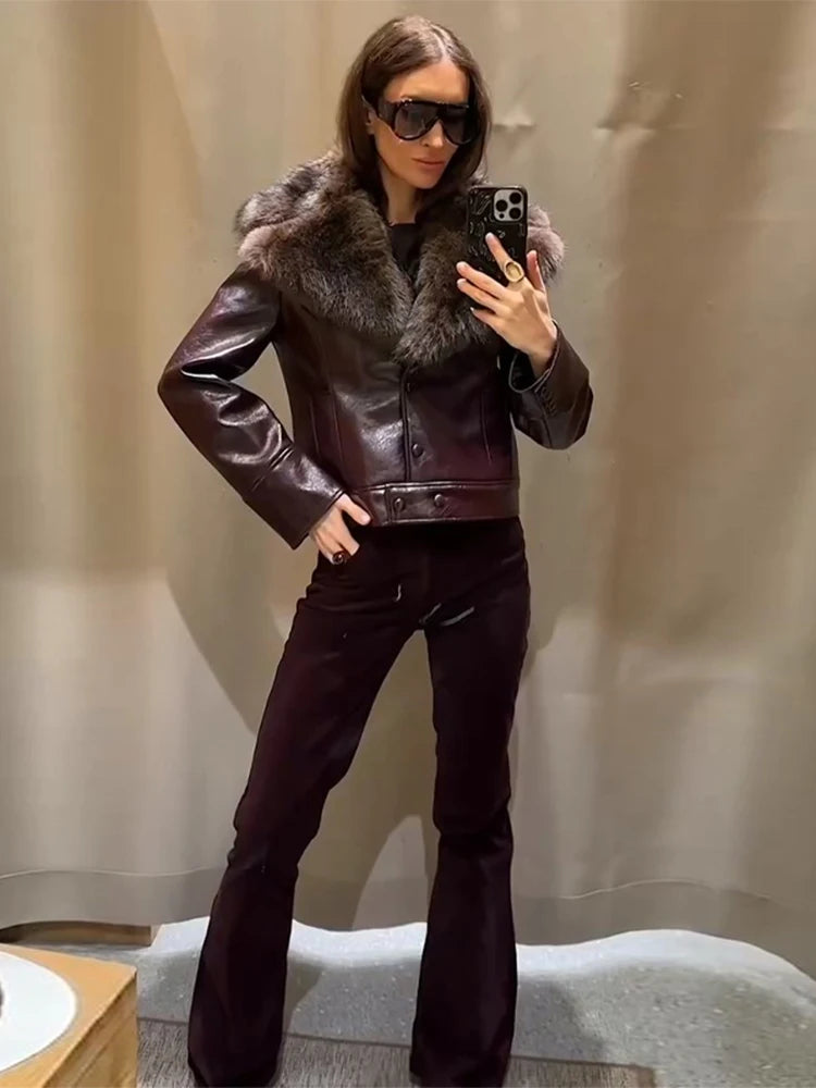 Vintage Plush PU Leather Jacket Women Casual Loose Lapel Single Breasted Jackets Coat Female 2025 Winter Chic Street Outwear