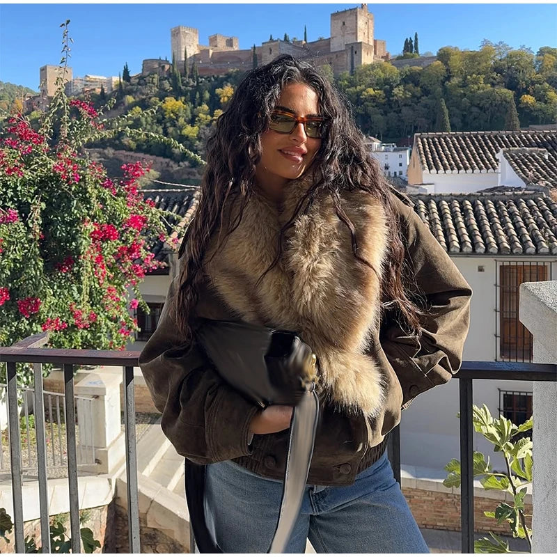 Fashion PU Leather Short Jacket Women Fur Collar Contrast Double-breasted Warm Coat Female 2025 Autumn Winter New Outwears