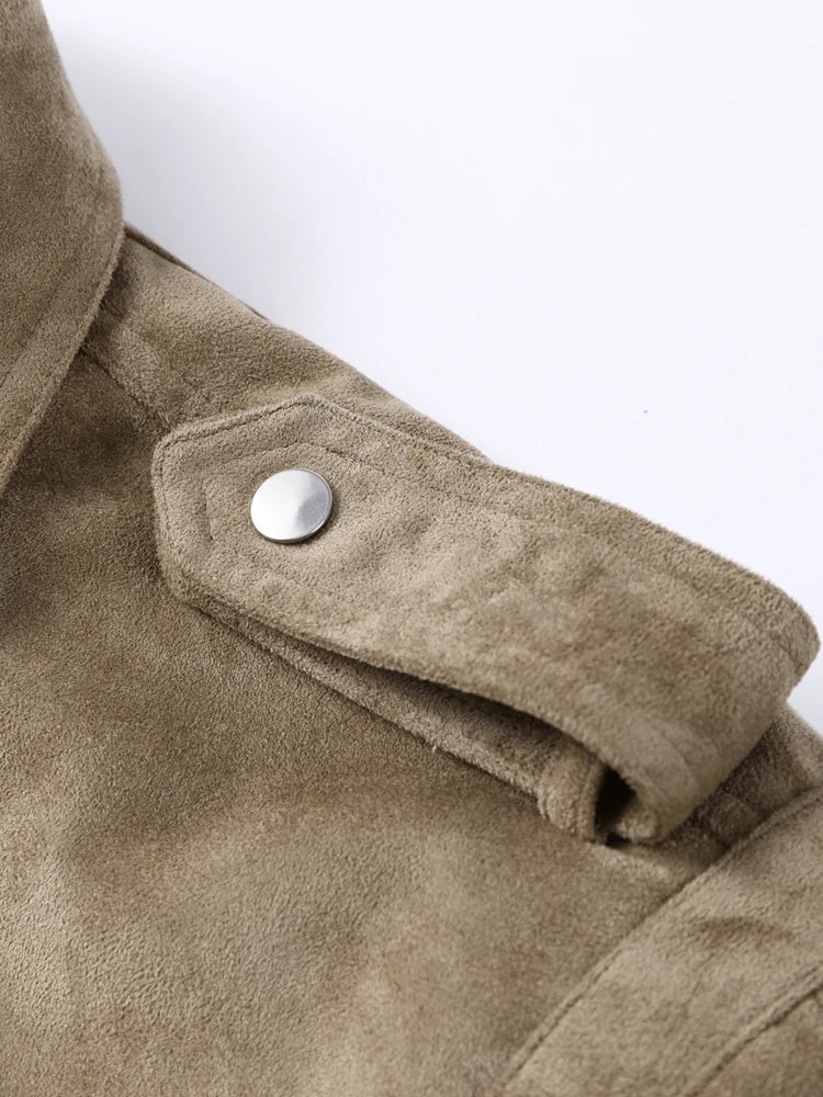 Suede Safari Style Short Bomber Jackets Women Fashion Stand Collar Epaulet Elastic Hem Button Loose Coats Chic Ladies Outerwears