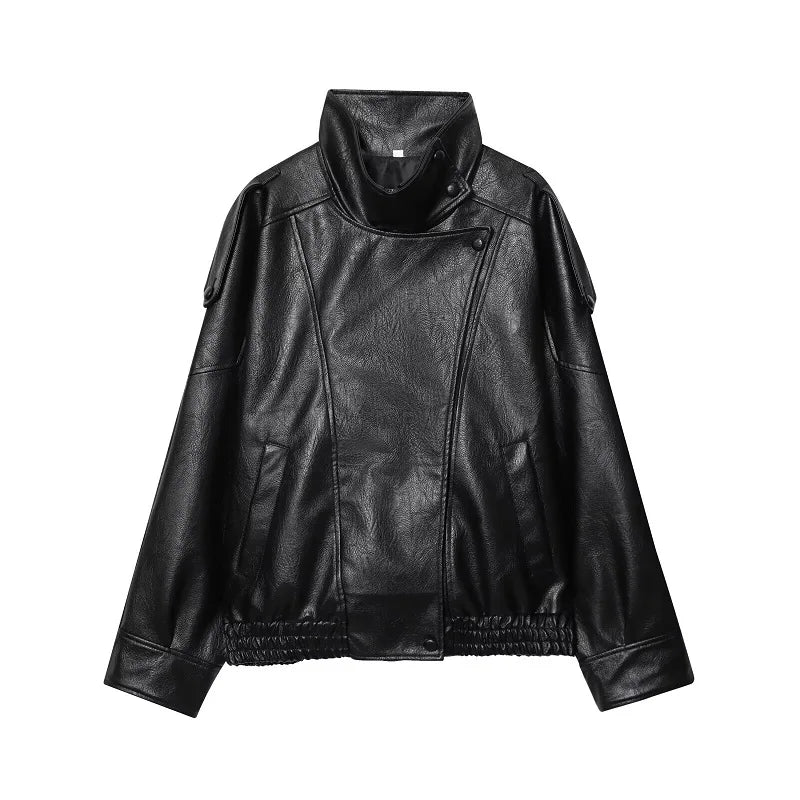 MUJER Black Faux Leather Jackets for Women Outerwears Office Women's Bomber Jacket Snap Button Demi-season Jacket for Women Coat
