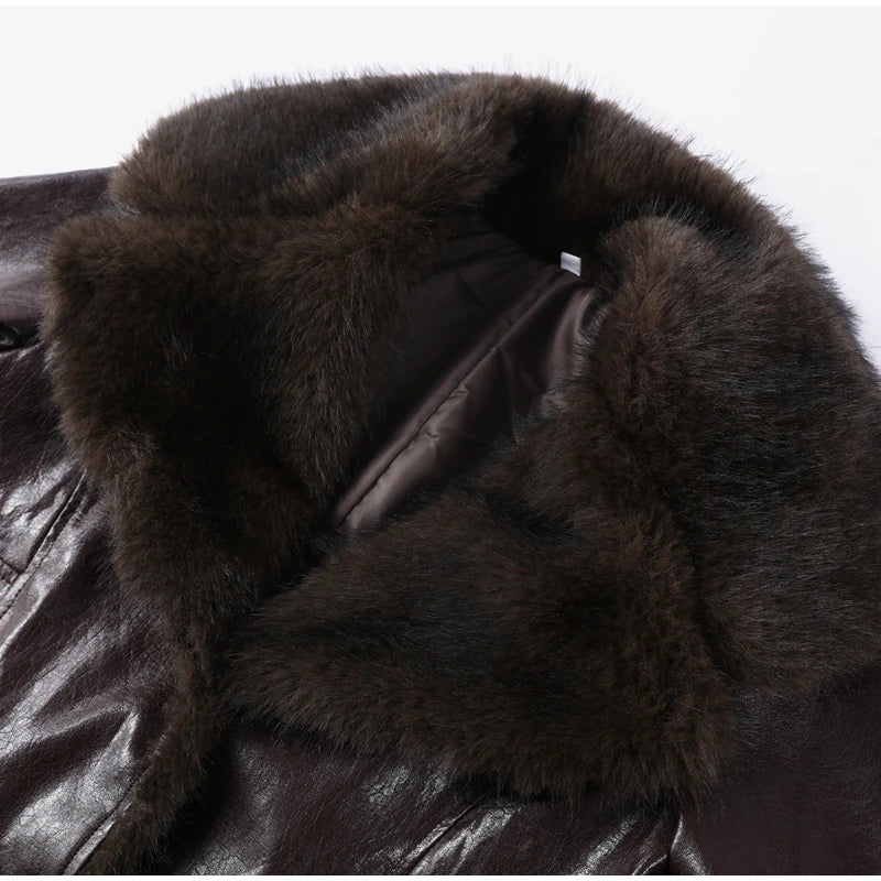 Vintage Plush PU Leather Jacket Women Casual Loose Lapel Single Breasted Jackets Coat Female 2025 Winter Chic Street Outwear