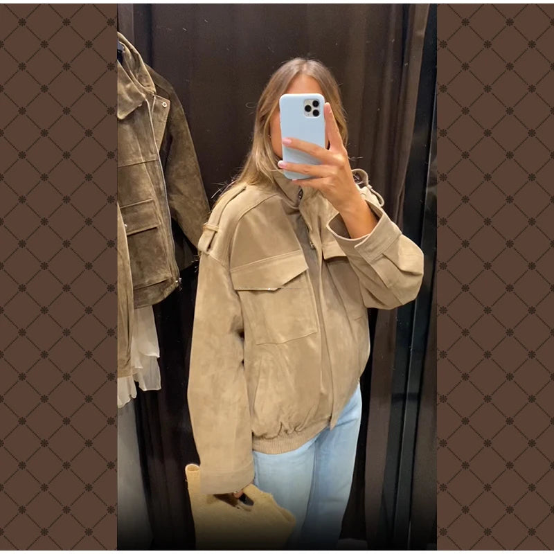 Women Loose Suede Jacket Fashion Long Sleeve Pockets Zipper Oversized Bomber Jacket 2025 Autumn Winter Lady High Street Outwear