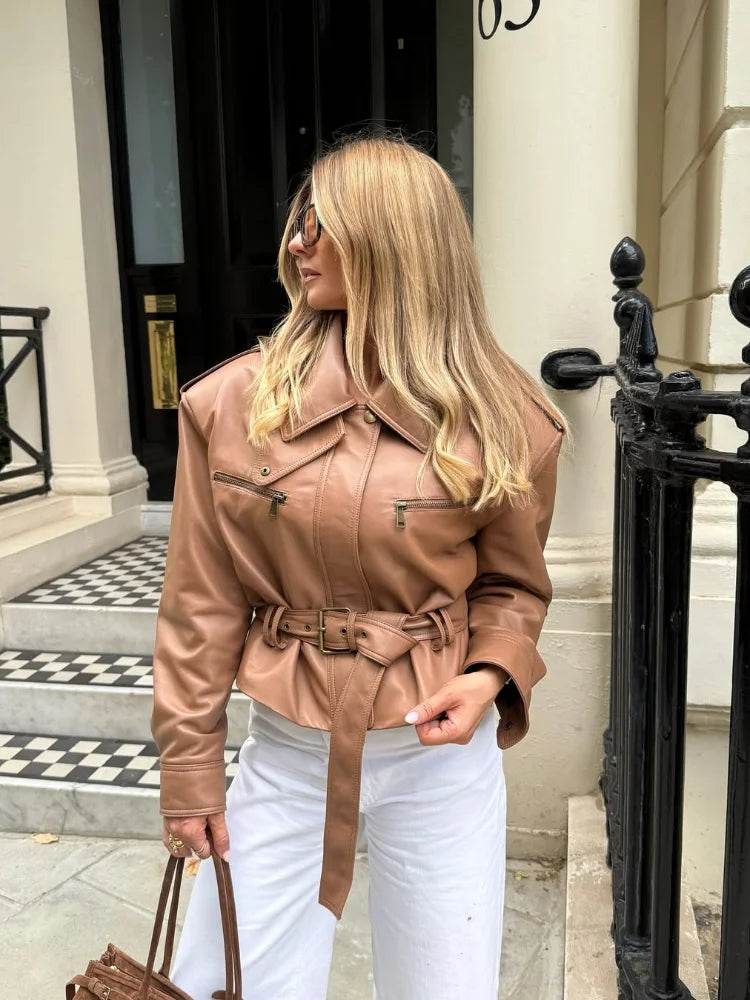 Women Solid Burgundy Waist Cinching Jacket Fashion Lace Up Stand Collar Zipper Bucket Short Jackets 2025 Lady High Street Coat