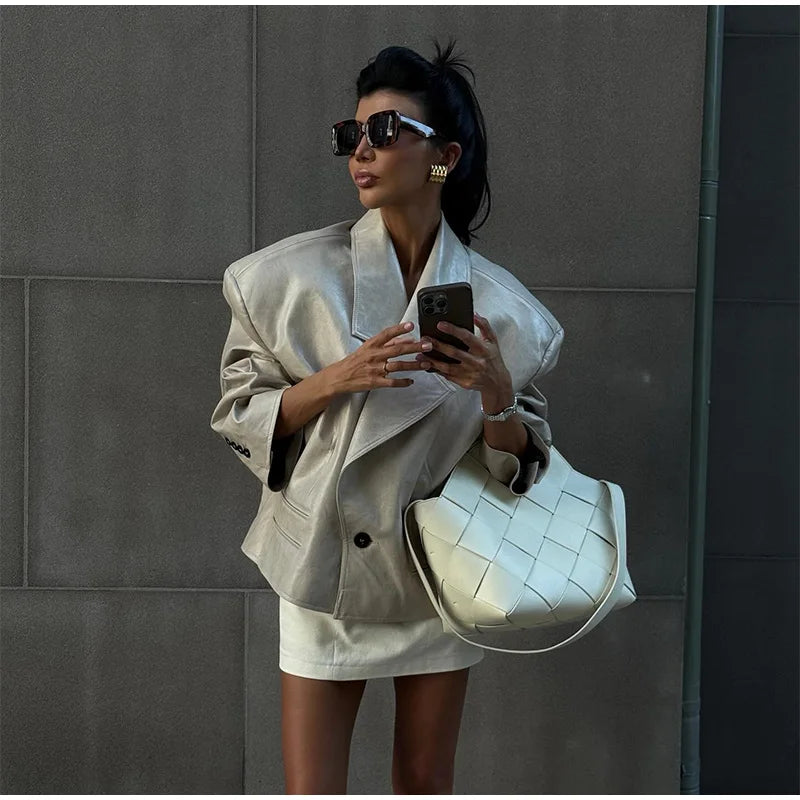 Vintage Plush PU Leather Jacket Women Casual Loose Lapel Single Breasted Jackets Coat Female 2025 Winter Chic Street Outwear