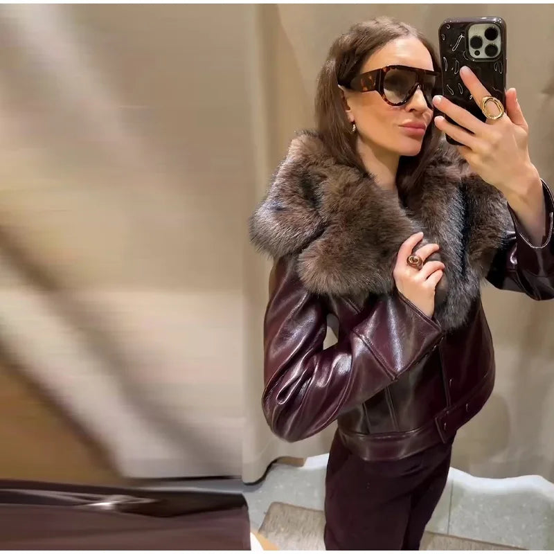 Fashion PU Leather Short Jacket Women Fur Collar Contrast Double-breasted Warm Coat Female 2025 Autumn Winter New Outwears